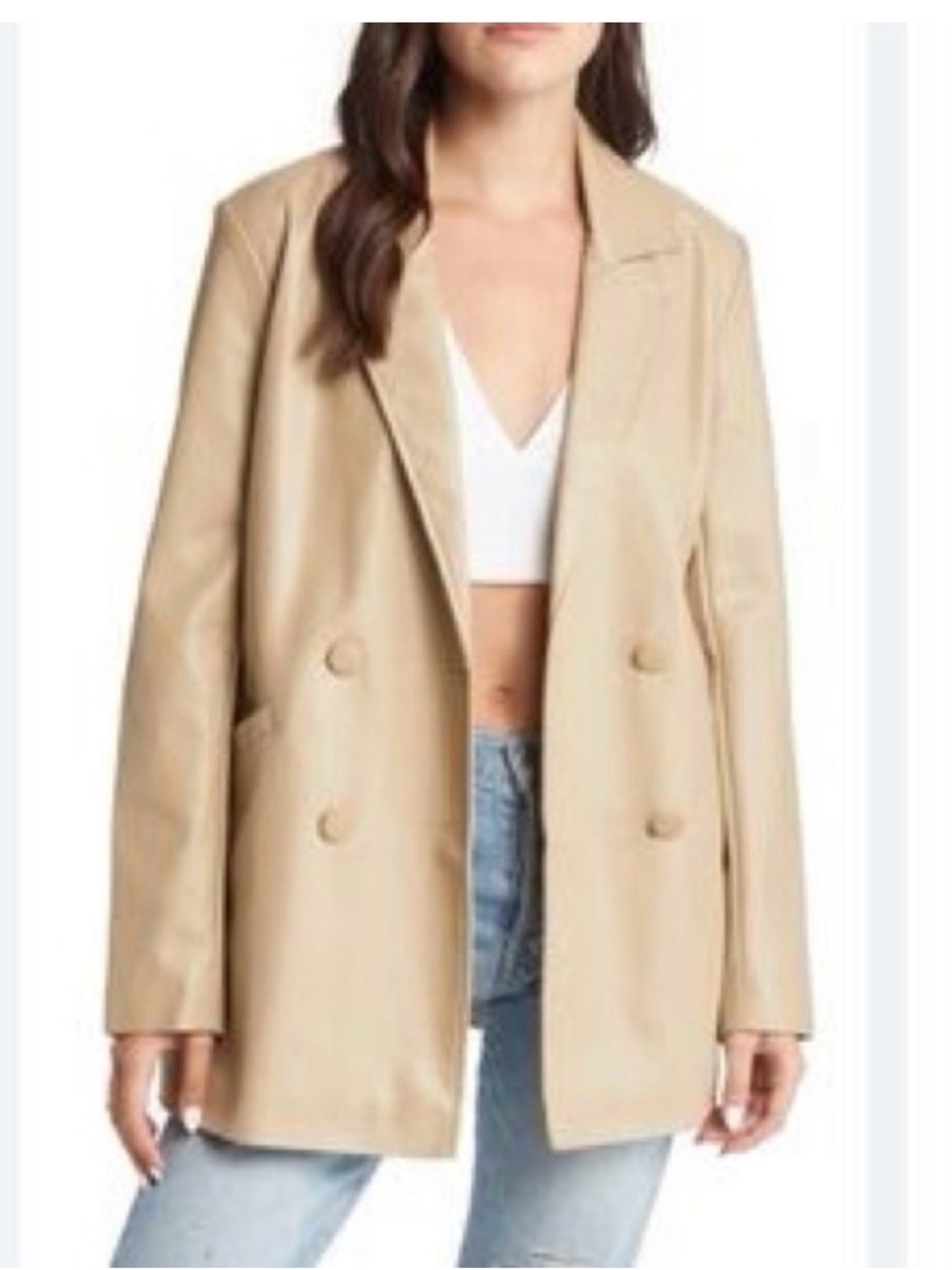 Topshop Tan Faux Leather Double-Breasted Blazer Jacket